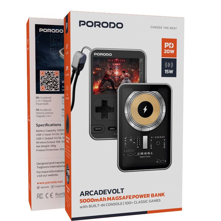 Porodo Arcadevolt 5000mAh MagSafe Power Bank with Built-in Console, +100 Classic Games, PD 20W, 2.8" HD Display, Type-C Lanyard Cable - Black