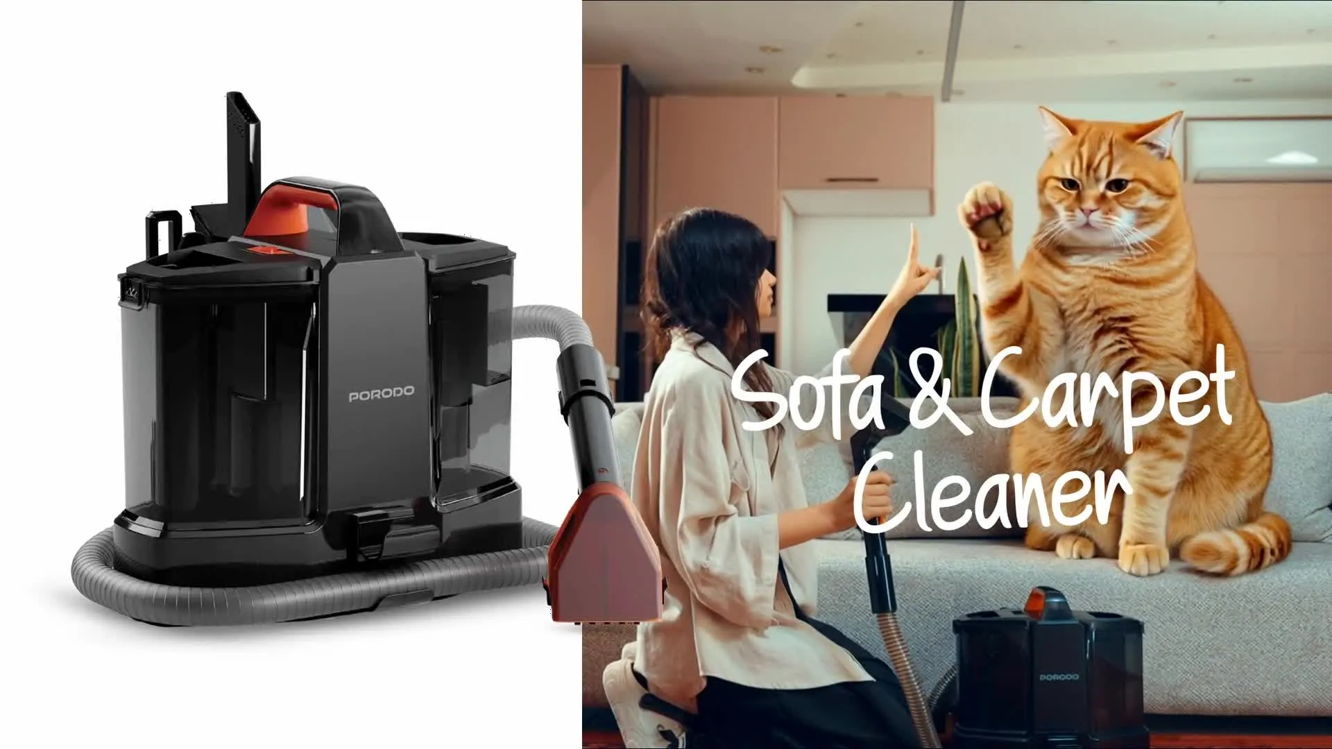 Porodo Lifestyle Spot Cleaner 500W with 1350mL Water Tank & 600mL Dirty Water Tank, 5m Cord Length, 1.3m Hose Length, 11000 Pa Suction Power, Powerful Stain Remover - Black