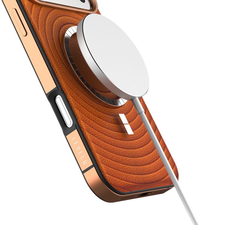 Levelo Spirale PU Leather Hybrid Case for iPhone 17 Pro Max, MagSafe Compatible & Strong Magnets, Impact-Resistant, Shock-Resistant Bumper, Aluminum Alloy Frame for Camera & Edges, Drop-Tested - Sunrise Orange