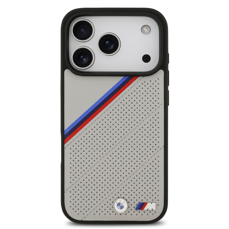 حافظة BMW MagSafe جلد PU مع شعارات معدنية وخطوط مائلة ثلاثية الألوان لأيفون 17 برو، حماية من الصدمات، تغليف مستدام، تصميم سهل التركيب، ملف نحيف - رمادي