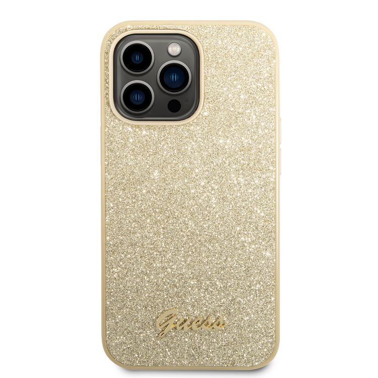 Guess PC/TPU Glitter Flakes Case with Script Metal Logo iPhone 14 Pro Max Compatibility - Gold