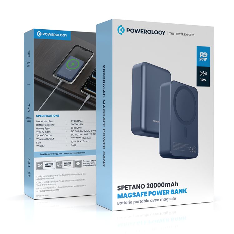 باورولوجي سبيتانوس 20000 مللي أمبير ساعة ماج سيف بطارية ألمنيوم مع مؤشر مستوى البطارية، تصميم خفيف الوزن ومضغوط، شحن سريع ومتزامن، مدخل ومخرج من النوع سي، إخراج لاسلكي 15 واط - أزرق.