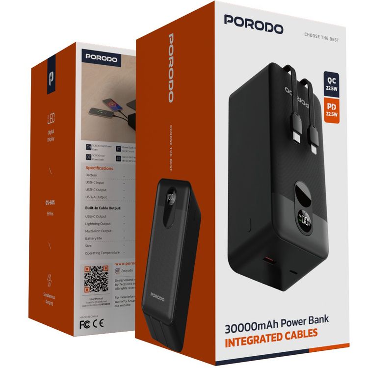 Porodo 50000mAh Power Bank with Built-in Type-C & Lightning Cables, 22.5W Power Delivery, Simultaneous Charging, 0%-60% Charge in 35 Minutes, Digital Display - Black