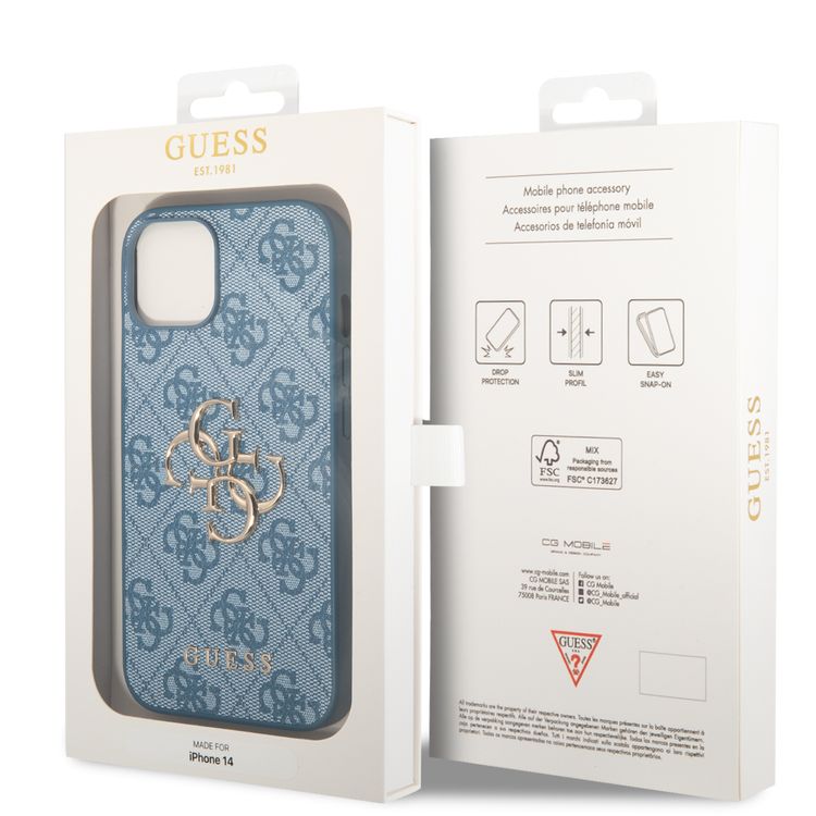Guess PU Leather 4G Classic and Stylish Case with Big Metal Logo iPhone 14 Compatibility - Blue