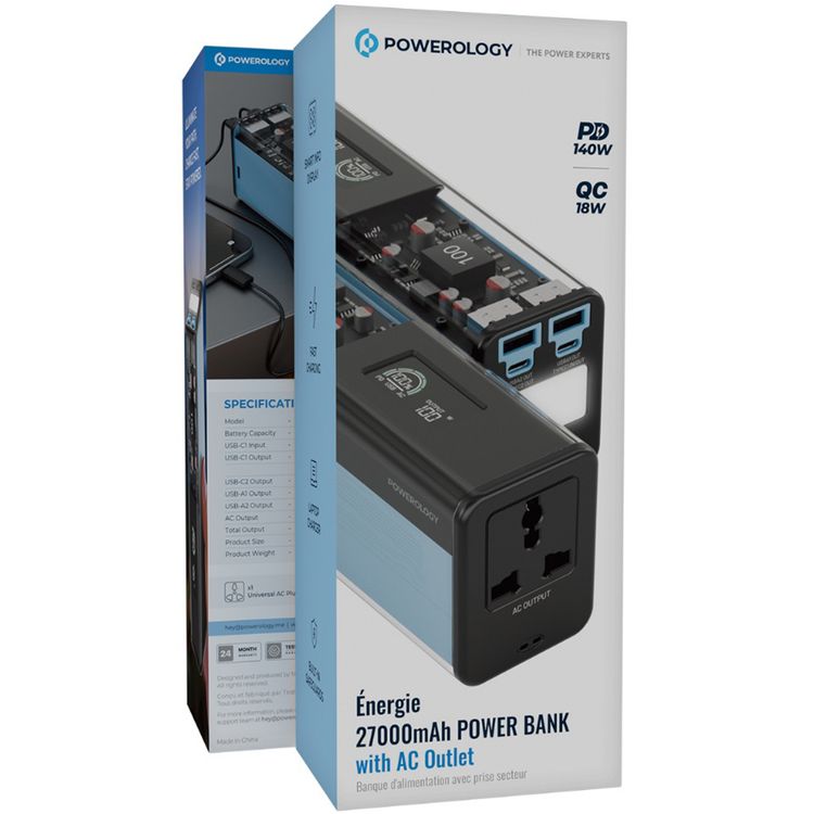 Powerology Énergie 27000mAh Power Bank with AC Outlet, Dual USB-C & Dual USB-A Ports, 140W PD, 18W QC, 130W Peak AC Output, Built-in Safeguards, Smart Info Display - Black