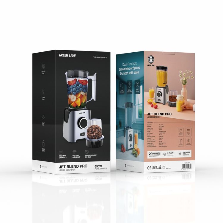 Green Lion Jet Blend Pro Juice Blender with Grinder, 650W Peak Power, 1.8L Capacity, 2 Speed Levels, 6-Leef Blade, 19000RPM Motor, Control Dial - Gray