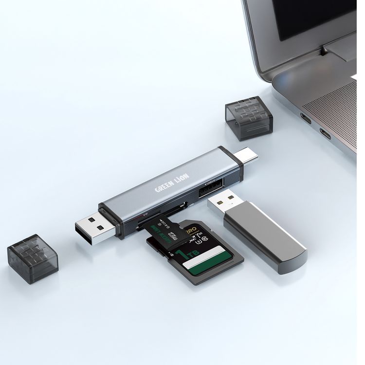 Green Lion 3-in-1 Card Reader with USB-A & USB-C Connectivity, Universal Compatibility, Keychain Lanyard, Aluminum Alloy Material, Plug & Play, 480Mbps Transfer Speed - Gray