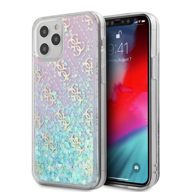 CG MOBILE Guess Liquid Glitter 4G Pattern Pink Background Phone Case for iPhone 12 / 12 Pro (6.1") Drop Protection Mobile Case Officially Licensed - Iridescent