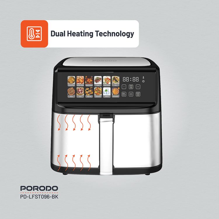 Porodo Lifestyle Dual Mode Air Fryer with Touch Control, 2200W Rated Power, Large Capacity 11L Air Fryer, Automatic Shut-Off, Up to 12 Hours Working Time - Black