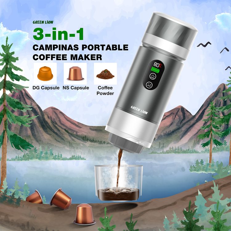 Green Lion Campinas Portable Coffee Maker with 150mL Coffee Cup Capacity, 20 Bar Pump Pressure, 70 Seconds Fast Extraction Time, Carrying Bag Included, 90°C Heating Temperature - Gray