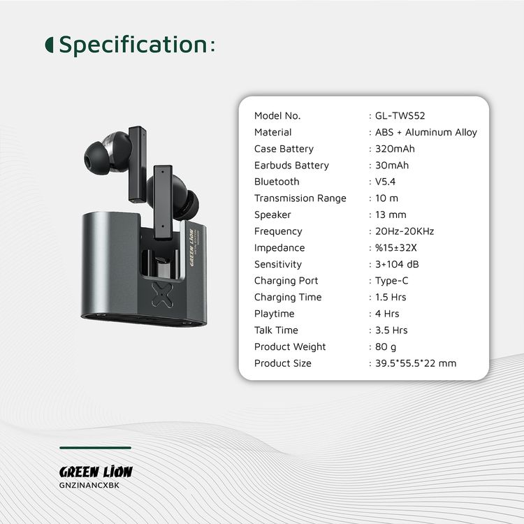 سماعات الأذن ميتال زنك X من جرين ليون بتقنية TWS مع خاصية ANC، بتصميم من سبيكة الألمنيوم، وميكروفون عالي الدقة، وتقنية تخفيض الضوضاء بمقدار 25 ديسيبل، ونطاق نقل يصل إلى 10 أمتار - باللون الأسود.