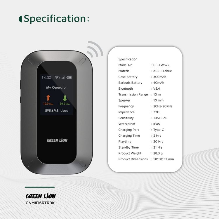 Green Lion Portable Mifi Router with WiFi6 High-Speed or USB Connectivity, 4G LTE & 3G Bands, Nano Sim Card, 3000mAh Battery Capacity, Up to 10 Devices Connectivity, Linux OS, 12 Hours Working Time, Automatic Configuration, Secure Encryption, Universal Compatibility, TFT HD Display - Black