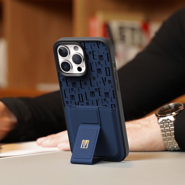 حافظة Levelo Morphix Gripstand مع حامل بطاقات لهاتف iPhone 16 Pro، حامل بطاقات مدمج، زوايا مقاومة للصدمات، ملمس نحيف بدون غطاء، حافة كاميرا مرتفعة، مادة فائقة المتانة - أزرق