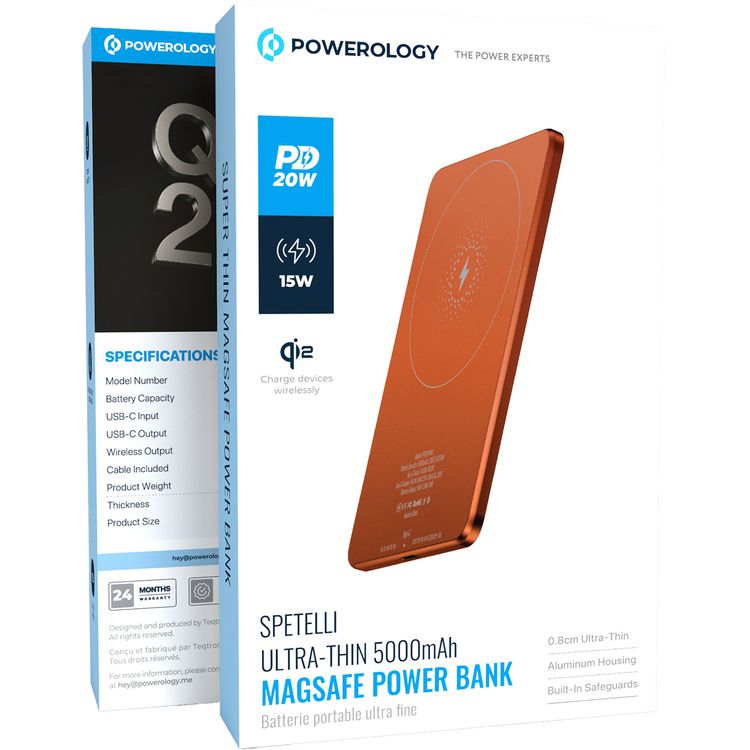 Powerology Ultra-Thin 5000mAh MagSafe Power Bank, Portable & Lightweight, Efficient Heat Dissipation, Aluminum Housing, Built-in Safeguards, Strong Magnet - Orange