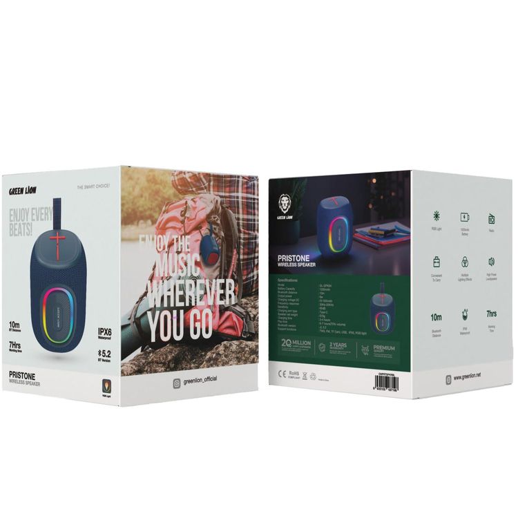 مكبر صوت لاسلكي بريستون من جرين ليون، سعة بطارية 1200 مللي أمبير في الساعة، وقت تشغيل 6-7 ساعات، منفذ شحن من النوع C، مقاوم للماء، ضوء RGB وتأثيرات إضاءة متعددة، مسافة بلوتوث 10 متر - أزرق