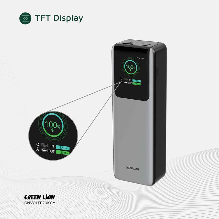 Green Lion Voltura 20000mAh Power Bank with TFT Display, Lightweight Design, Fast Charging, Wide Compatibility, Exquisite Appearance - Gray