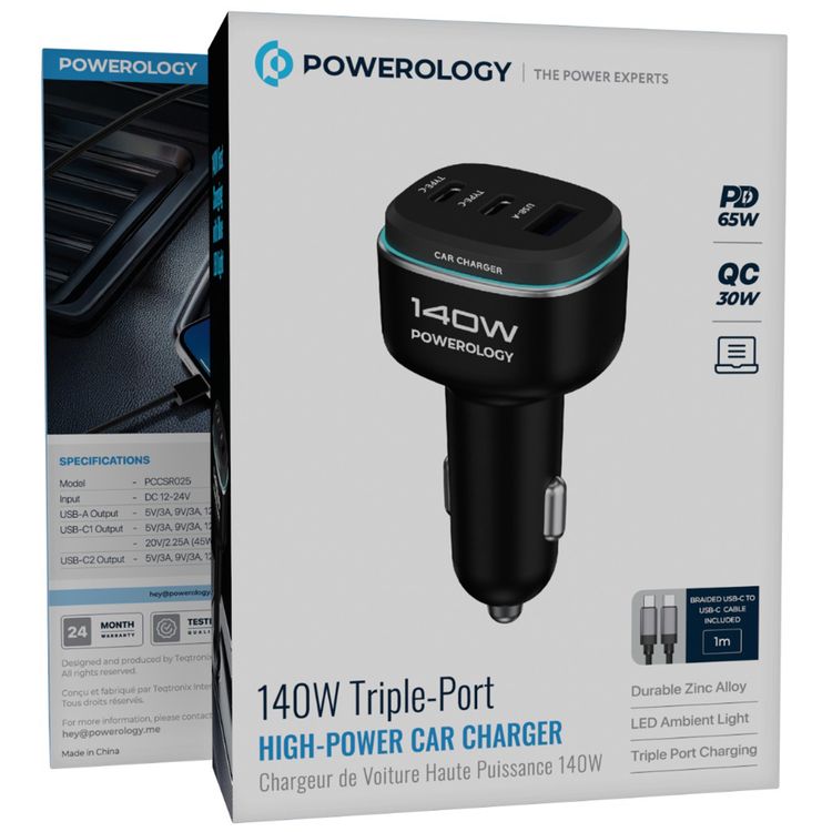 Powerology 140W Triple-Port High-Power Car Charger with USB-C to USB-C Cable, 140W Total Output, LED Ambient Light, Fast Charge, USB-A & Dual USB-C Ports, Zinc Alloy with Oil Painting Finish Material - Black / Gray