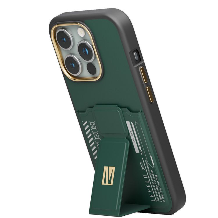Levelo Morphix Cuero Gripstand Case for iPhone 15 Pro with Cardholder, Multi-Positioning Modes, PU Leather Material, Shock-Proof Edges - Green