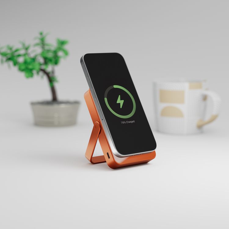 باورولوجي شاحن محمول بقدرة 10000 مللي أمبير في الساعة مع سطح زجاجي ماجسيف وتصميم مضغوط، يدعم منافذ الإخراج من نوع C واللا سلكية، يحتوي على حامل مدمج مصنوع من الألمنيوم، يدعم تقنية توصيل الطاقة بقدرة 20 واط، بدون أسلاك - برتقالي.