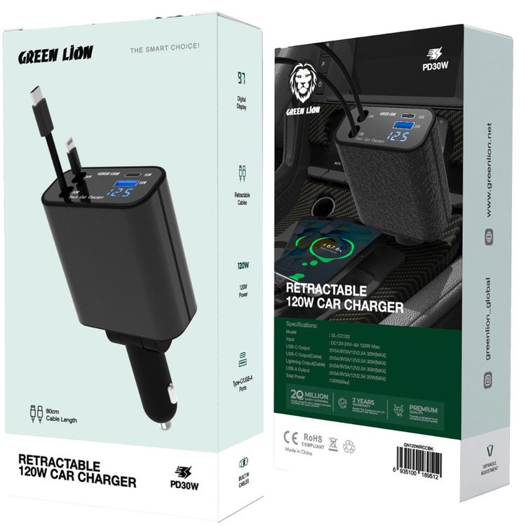 Green Lion 120W Car Charger with USB-C & USB-A Ports, Type-C & Lightning Cables, 80cm Retractable Cables,  Digital Display, 180° Angle Adjustment - Black