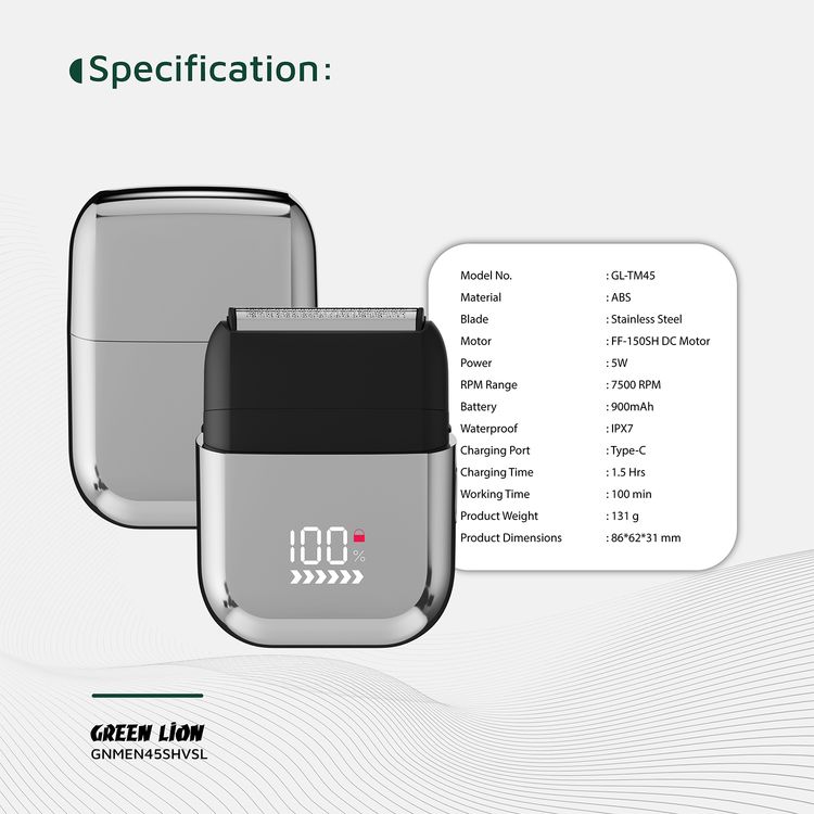 Green Lion Men's Shaver X with Wet & Dry Use, Magnetic Head Cap, Stainless Steel Blade, Travel Lock, 7500RPM Motor, 900mAh Battery Capacity, Type-C Charging - Silver