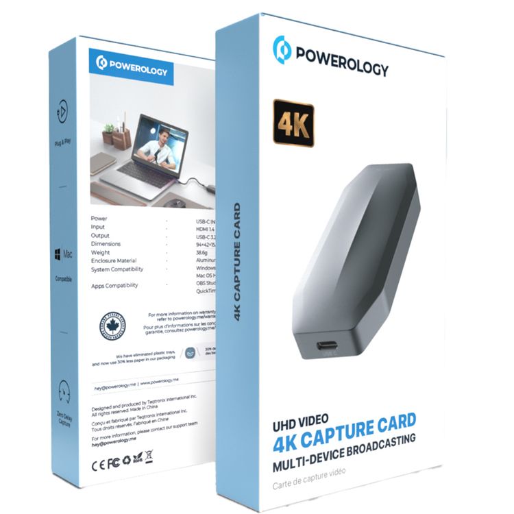 Powerology Audio & Video 4K Capture Card Multi Device Broadcasting, Zero Delay Capture, Mac Compatible - Black