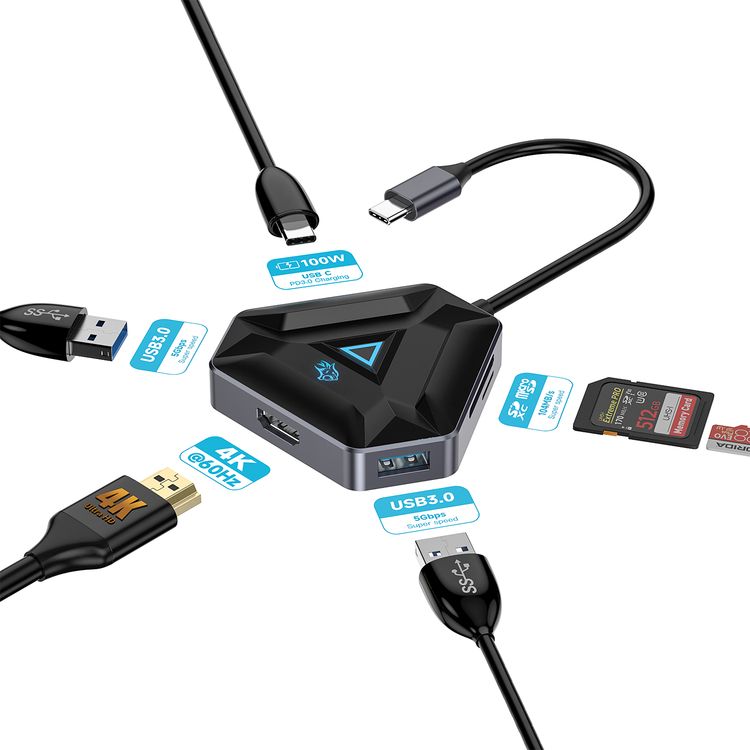 Porodo Gaming 6-in-1 USB-C Hub Gamers Edition, 4K HDMI, 100W Power Delivery, 5Gbps Data Transfer, Compatible with Android, iOS, Mac & Windows - Black