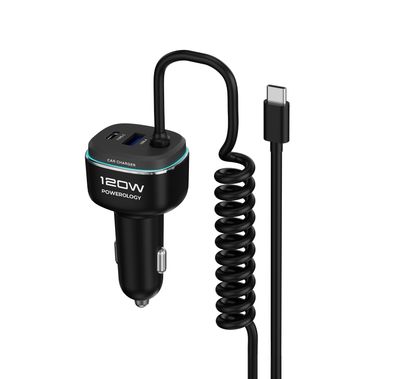 Powerology 120W Fast Car Charger, 0.3-1.2m Stretchable Cable, USB-C & USB-A Ports, Universal Compatibility, Fast Charge, 45W Power Delivery, 120W Total Output - Black / Gray
