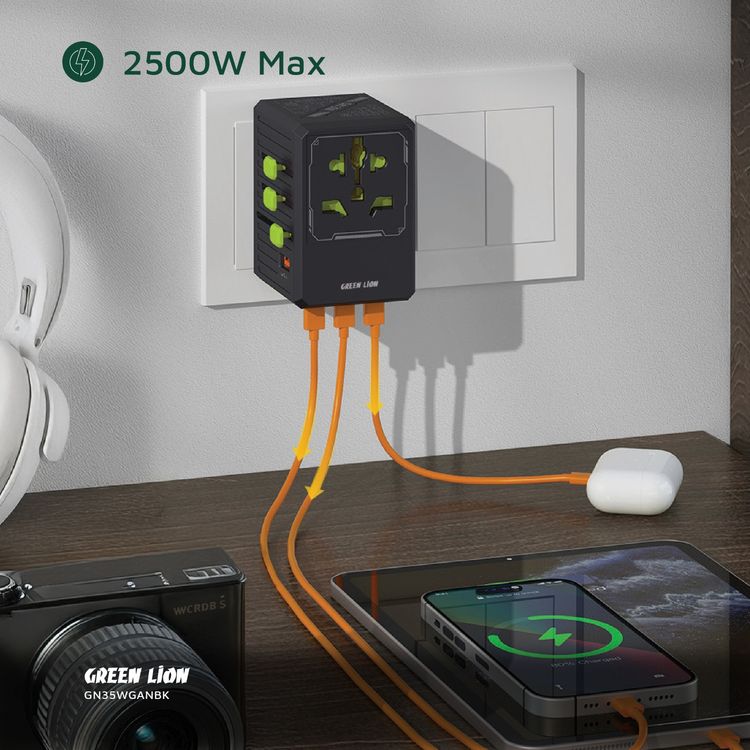 Green Lion GaN Adapter 6-in-1 & 2-in-2 Cable, PC Flame Retardant & Copper Material, PD 35W Fast Charging, Universal AC Sockets - Black
