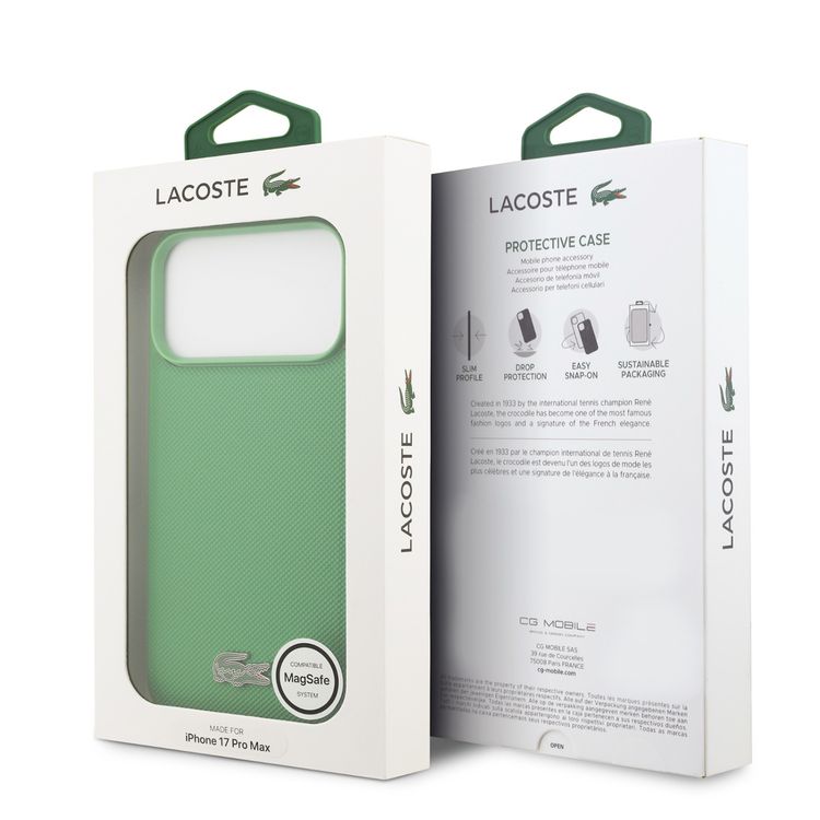 Lacoste MagSafe PU Leather Hard Case with Iconic Petit Pique Logo for iPhone 17 Pro, Drop Protection, Slim Profile, Easy Snap-On Design, Sustainable Packaging - Green