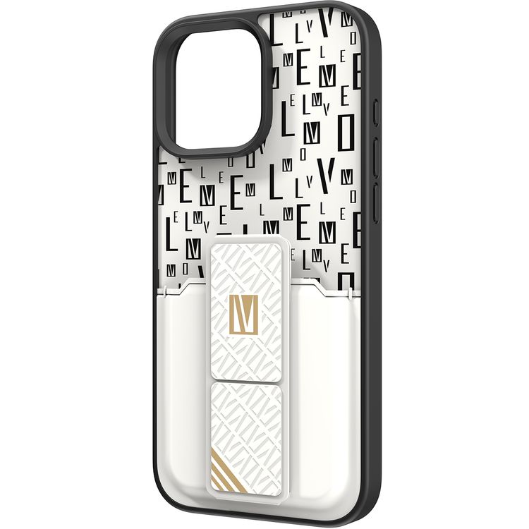 حافظة Levelo Morphix Gripstand مع حامل بطاقات لهاتف iPhone 16 Pro، حامل بطاقات مدمج، زوايا مقاومة للصدمات، ملمس نحيف بدون غطاء، حافة كاميرا مرتفعة، مادة فائقة المتانة - أبيض