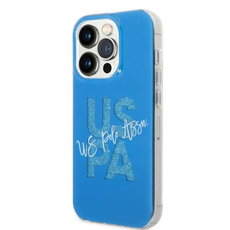 حافظة بطاقات لامعة من US Polo لهاتف iPhone 14 Pro Max - أزرق