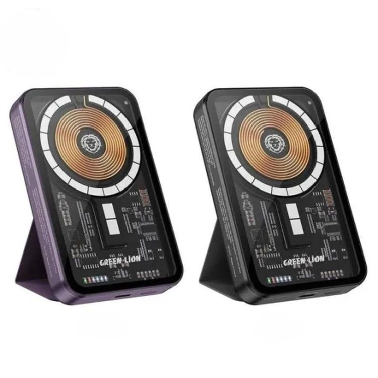 Green Lion 3 in 1  Transparent Magsafe Power Bank, 15W Wireless Output, 5000mAh, PD 20W, Wireless & Type C Output with Leather Stand - Purple