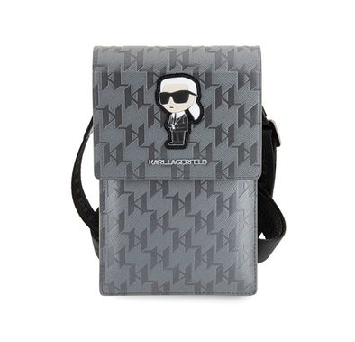 Karl Lagerfeld Saffiano Mono Ikonik Wallet with NFT Logo, Adjustable Shoulder Strap, Multiple Compartments, 3 Card Slots, Water Resistant - Silver
