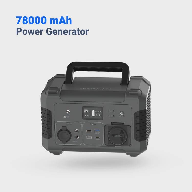  مولد طاقة محمول من باورولوجي مع لوحة معلومات LCD، 78000 مللي أمبير، 300 وات، QC 18 وات، PD 30 وات، أقصى ارتفاع 500 وات، حماية من الحمل الزائد والسخونة الزائدة، لوحة شمسية - أسود
