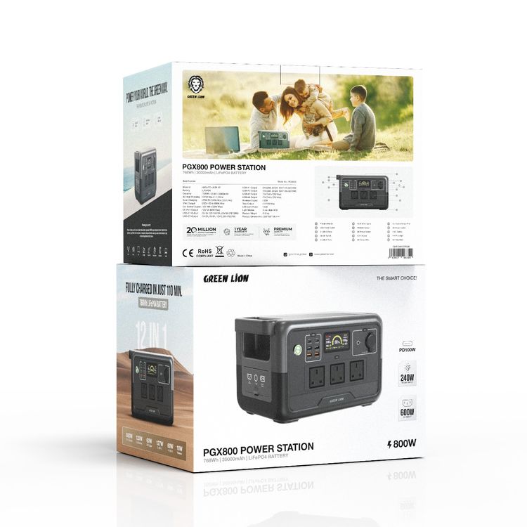 محطة الطاقة Green Lion PGX800 بسعة بطارية 30000mAh، مع ضوء LED ثلاثي الوضعيات، وأمان متعدد الطبقات، وشاشة LCD كبيرة، ومدخل AC بقوة 600W، وType-C PD بقوة 100W - أسود.