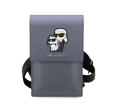 Karl Lagerfeld Saffiano Phone Pouch with K&C NFT Logo, Adjustable Shoulder Strap, Multiple Compartments, 3 Card Slots, Water Resistant - Silver