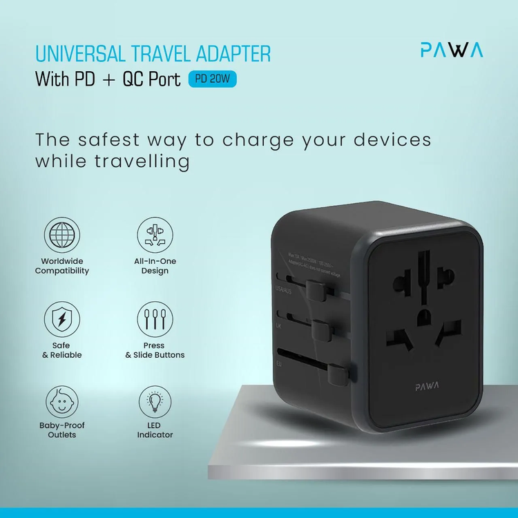 محول السفر العالمي PAWA مع PD 20W + QC - أسود