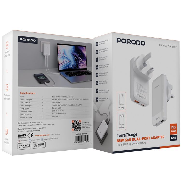 Porodo Terra GaN Adapter with USB-A & USB-C Ports, USB-C to USB-C Cable Included, Interchangeable US & UK & EU Plugs, PD 65W, Multiple Device Charging, Global Travel Ready - White