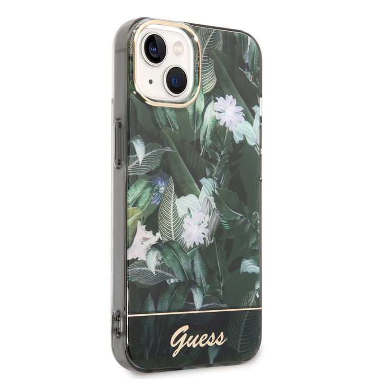 Guess PC/TPU IML Case with Double Layer Electroplated Camera Outline & Jungle Design iPhone 14 Compatibility - Green
