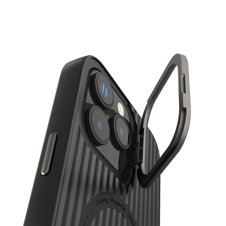 Levelo Livia Case for iPhone 16 Pro with MagSafe Compatibility, Impact-Resistant Corners, Built-in Kickstand, TPU with Silicone Surface, Metal Camera Ring - Black