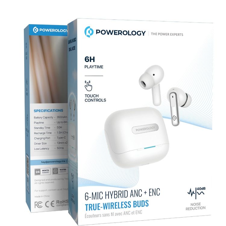 Powerology Hybrid True Wireless Earbuds with ANC + ENC, 6 Microphone, Bluetooth Version 5.3 & Type-C Charging Port - White 