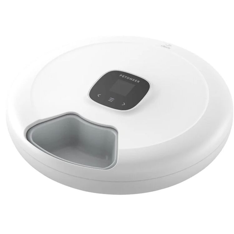 Petoneer NutriSpin 6 Meal Pet Feeder with 170mL Capacity per Compartment, Paw Protection, Detachable Design, Wet and Dry Food Blend, VA display - White