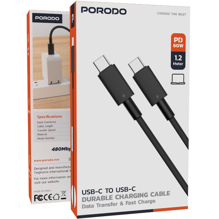 كابل Porodo USB-C إلى USB-C من PVC بسرعة نقل 480 ميجابت في الثانية، توفير طاقة 60 واط، عمر افتراضي لأكثر من 15000 انحناء، طول الكابل 1.2 متر، مقاوم للتشابك - أسود