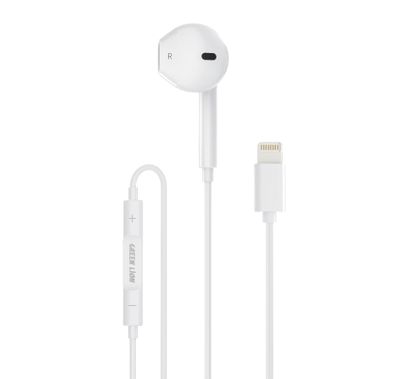 Green Lion Wired Mono Earphone with Lightning Connector, Control Buttons, 1.2m Cable Length, TPE & Copper Material, 14.2mm Speaker Size - White