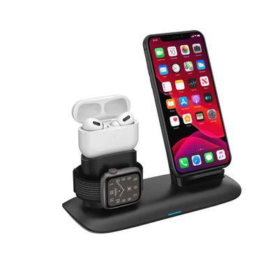 Porodo 4-in-1 Charging Hub, Wireless Charging Station, Fast Wireless Charger Compatible for Airpods 1/2/3 and Airpods Pro - Black