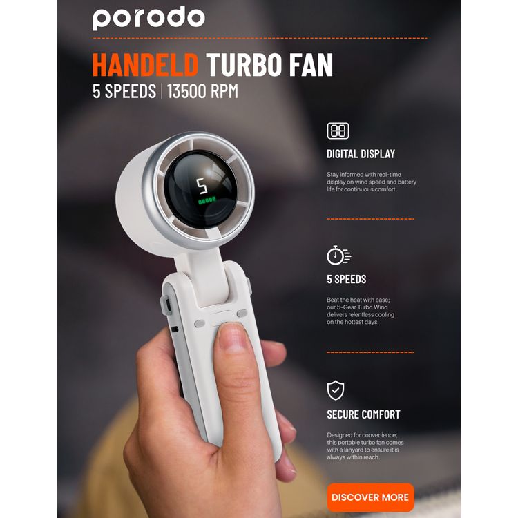 Porodo LifeStyle 3in1 Multi Functional 180° Foldable Handheld Turbo Fan, 3600mAh, 10 Hours Working Time, Type-C Charging Port,  Digital Display, 3.5 Hours Recharging Time - White