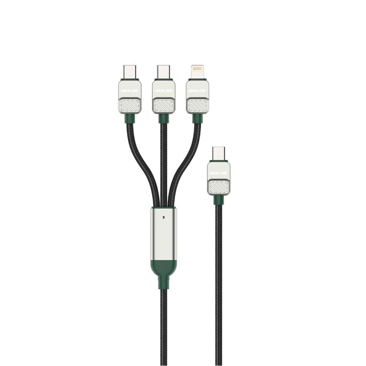 كابل جرين ليون 3 في 1 مضفر ومطلي بالكهرباء بطول 1.2 متر، من USB-C إلى Lightning واتصالات ثنائية USB-C، عمر يصل إلى 10000 إنحناءة، مصنوع من مادة مضفرة وسبائك الألمنيوم وسبائك الزنك، يصل إخراج Lightning إلى 27 واط، وإخراج USB-C يصل إلى 60 واط - أخضر / أسود