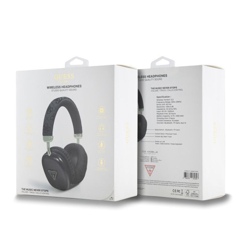 Guess 4G Bluetooth Headphones with Gold Triangle Logo, 32 Hours Playback Time, Fast Charging in just 2 hours, High-Quality Comfort Cushion, Track & Calls Control, Water Proof, Hands-free Calls, USB-C Connecting Port - Black