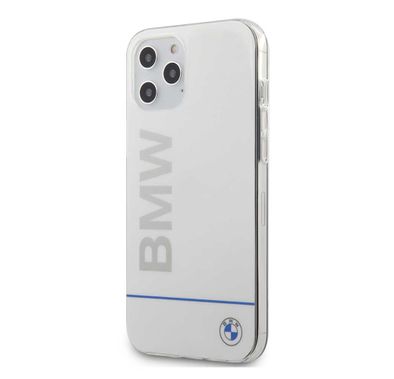 CG Mobile BMW PC/TPU Shiny Hard Case Blue Horizontal Line and Printed Logo Compatible for iPhone 12 Pro Max (6.7") Shock & Scratch Resistant, Easy Access to All Ports, Drop Protection Back Cover Suitable with Wireless Chargers Officially Licensed - White
